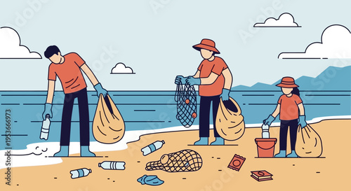 People cleaning up beach trash.