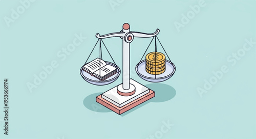 Balance scale with money and documents on each side weighing finance and paperwork on a pastel background