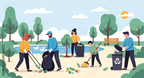 People cleaning up park area.