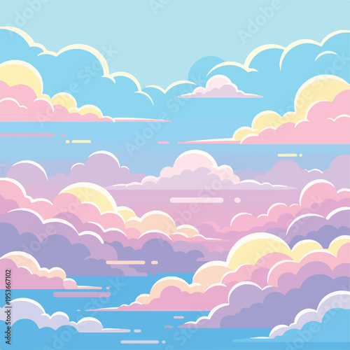 A dreamy illustration of stylized clouds in pastel colors