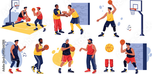 Basketball players action set with dribbling shooting passing and training scenes, athletic sports teamwork concept with diverse men playing street and indoor basketball illustration