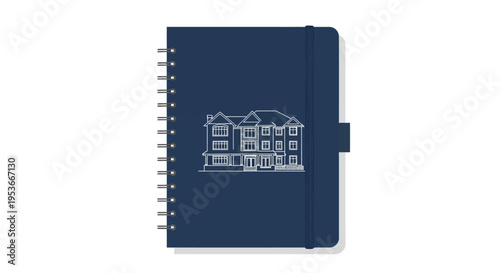 Dark blue notebook with building logo.