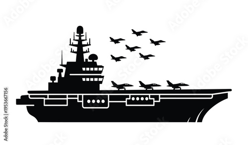 Silhouette of an aircraft carrier with planes taking off and flying away