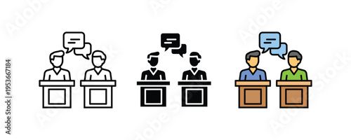 Public debate and keynote speakers icon set. Political discussion, conference presentation, and communication symbols. Vector Illustration.