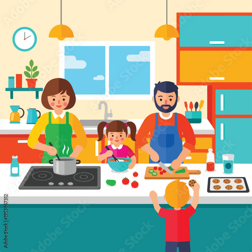A family cooking together in a colorful kitchen, enjoying their time