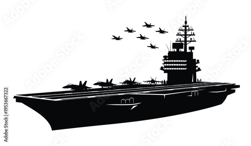 Silhouette of aircraft carrier with planes flying overhead in formation