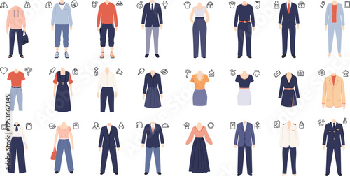 Business and casual clothing collection with formal suits dresses uniforms and everyday outfits, fashion apparel set for men and women vector illustration