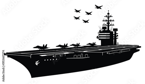 Silhouette of aircraft carrier with planes taking off military naval vessel silhouette