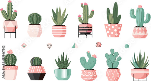 Cactus and succulent plants in decorative pots vector set with indoor greenery, modern home decor botanical illustration collection