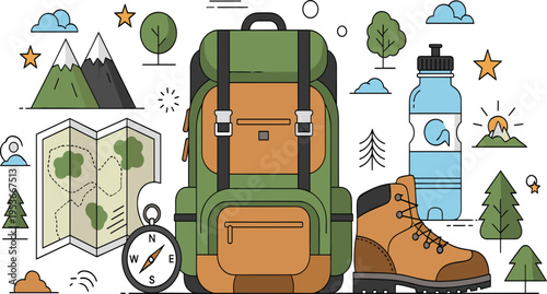 Camping and hiking gear vector illustration with backpack, map, compass, boots, water bottle and outdoor adventure travel equipment set