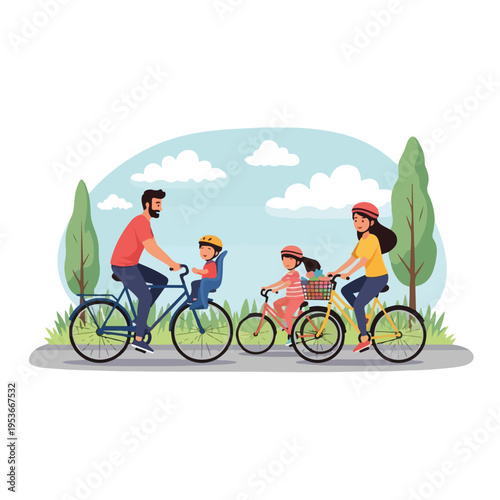 A family enjoys a bicycle ride together in the park, sunny and joyful