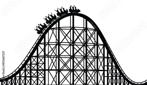 Silhouette of a roller coaster with riders cresting the top of a hill