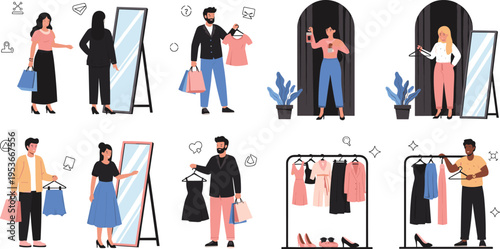 Clothing store shopping scenes set with people trying outfits, mirrors and racks, fashion retail vector illustration collection bundle