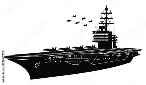 Silhouette of an aircraft carrier with planes taking off