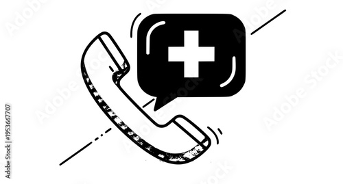 A hand drawn sketch of a telephone receiver paired with a speech bubble featuring a medical cross Vector