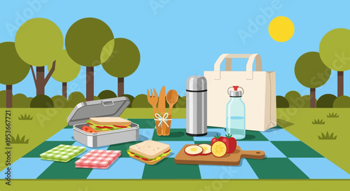 Picnic food on a blanket outdoors.