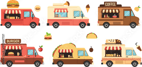 Colorful food truck collection with street fast food vehicles selling burgers tacos coffee and ice cream, mobile restaurant concept vector illustration set