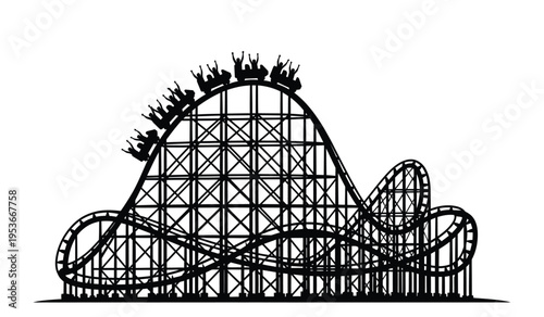 Silhouette of a large roller coaster with people riding on top of a hill