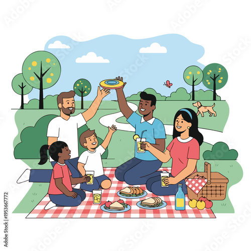 A family enjoys a picnic in a park with food, drinks, and a frisbee