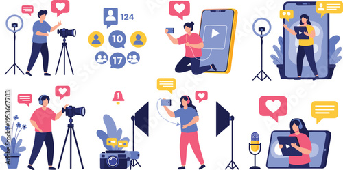 Content creators and video blogging vector set with influencers, camera recording, live streaming, social media engagement and digital marketing illustration
