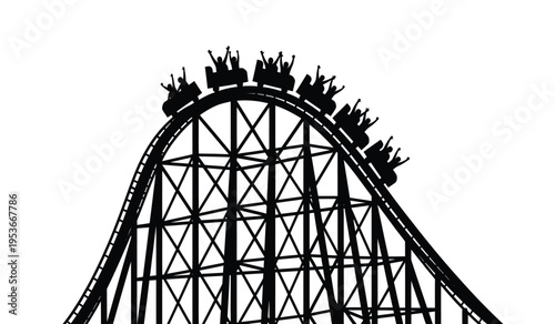 Silhouette of a roller coaster with riders cresting the top of a hill in a black silhouette