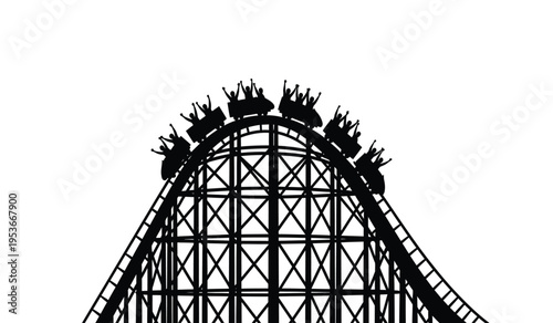 Silhouette of a roller coaster with riders cresting the top a thrilling moment captured in a single frame of black and white