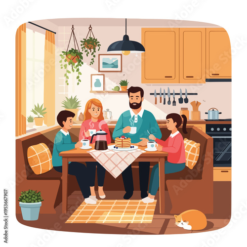 A family enjoys breakfast together in a cozy kitchen setting