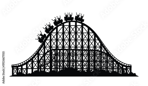 Silhouette of a classic wooden roller coaster with riders cresting the top amusement park attraction silhouette