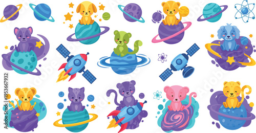 Cute animals in space vector set with kittens on planets, rockets, satellites and galaxy elements playful cartoon illustration collection
