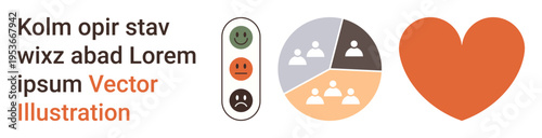 Social research, customer feedback, emotional analysis, data , health awareness, communication. happy scale, pie chart with demographics orange heart icon. Social research and customer feedback