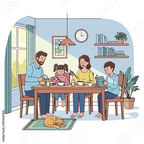 A family gathers at a wooden table for a meal, a cat sleeps on the rug