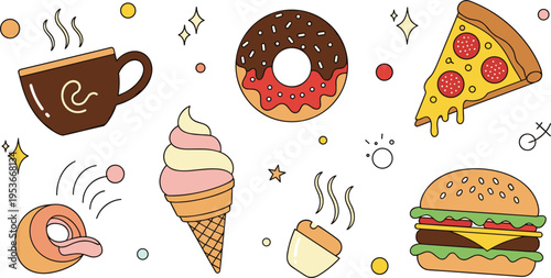 Cute fast food doodle set with coffee, donut, pizza, burger and ice cream, hand drawn snack icons vector illustration collection
