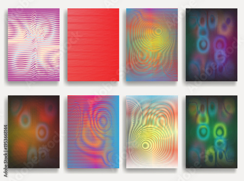 Vibrant op art geometric wave collection, abstract optical illusion set.Dynamic psychedelic line textures, contemporary wall art collection. Hypnotic line pattern posters, hologram effects. Vector