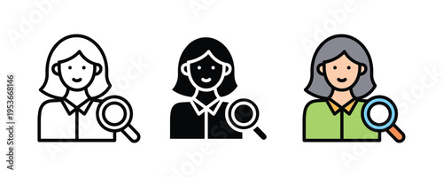 Female recruiter with magnifying glass icon set. Human resources, talent search, and professional woman hiring symbols. Vector Illustration.