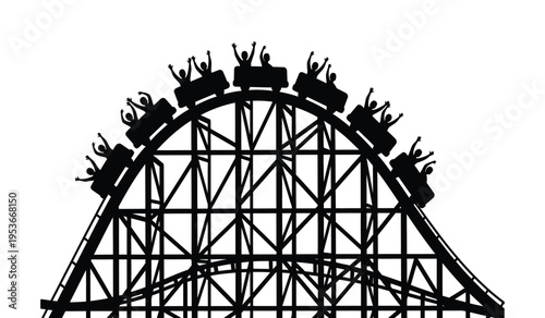 Silhouette of a roller coaster with riders in a thrilling drop amusement park attraction silhouette