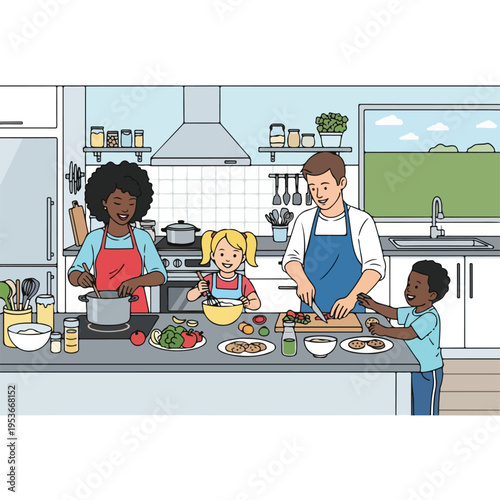 A family is cooking a meal in the kitchen