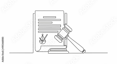 Law document with gavel on desk in simple line art style for legal or justice concepts