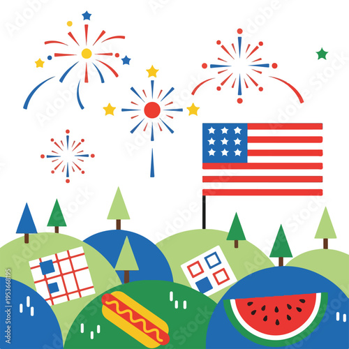 A festive illustration with fireworks, a flag, food, trees, and picnic items