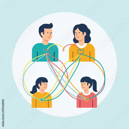 A family of four connected with colored strings of love in a circle