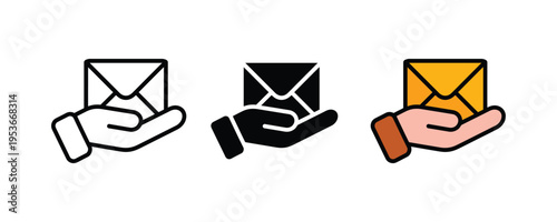 Hand holding email envelope icon set. Direct mail service, business communication, and message delivery symbols. Vector Illustration.