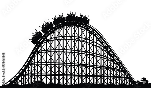 Silhouette of a large roller coaster with riders cresting the top against a white background