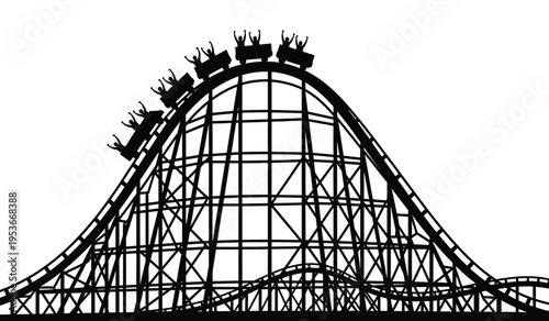 Silhouette of a roller coaster with riders cresting the top of a steep hill