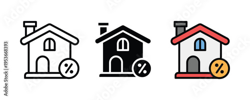 House with percentage sign icon set. Real estate loan, mortgage interest rate, and property investment symbols. Vector Illustration.