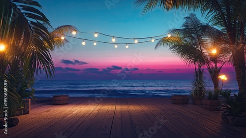 Tropical beach deck with string lights at sunset, idyllic vacation scene.