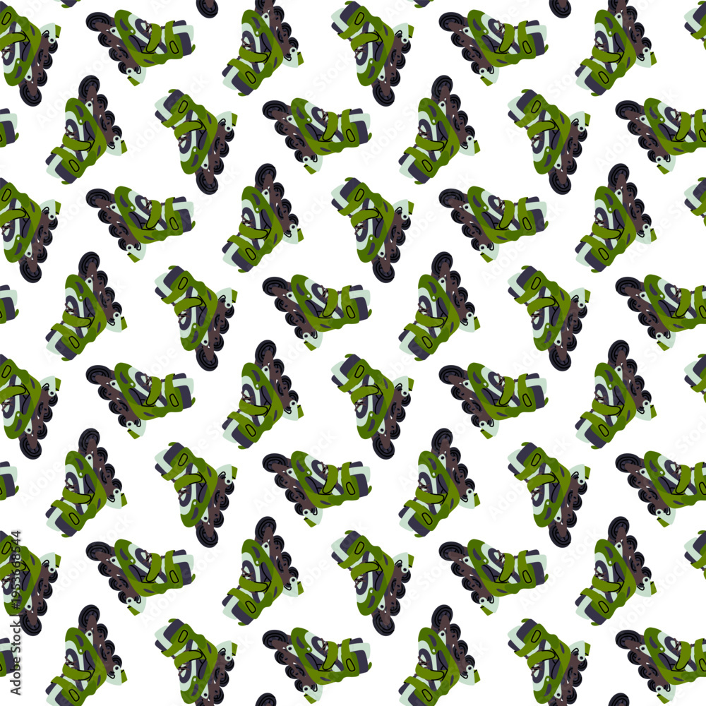 Fototapeta premium Flat seamless pattern with green roller skates equipment. Active lifestyle and sport background for textile, wrapping paper, wallpaper or rental service. seamless texture graphics on white.