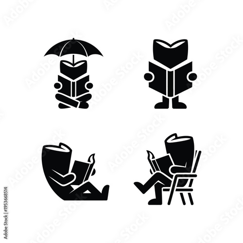 Four creative illustrations depicting various ways people enjoy reading books world book day, world book day 2026, book day ,book day vector, book day set icons, book day vector icons