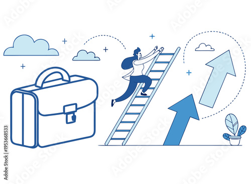 Ambitious professional woman ascending a ladder, symbolizing career growth, business development, and the pursuit of success in a dynamic corporate journey