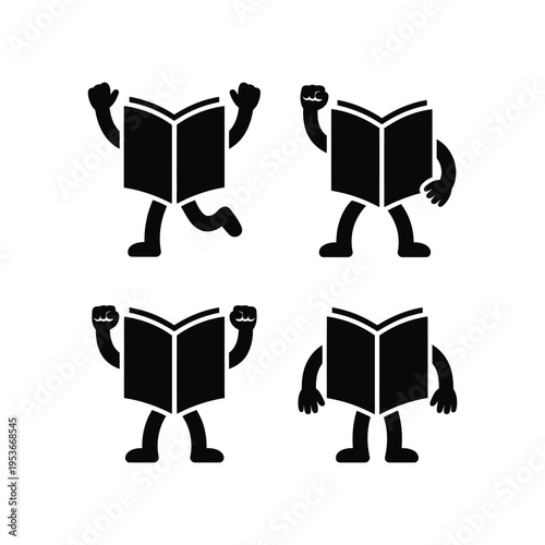 Four animated book characters celebrating reading with open arms and enthusiasm world book day, world book day 2026, book day ,book day vector, book day set icons, book day vector icons