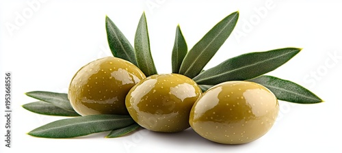 A Cluster of Fresh Luscious Olives Surrounded by Shiny Green Leaves on a Bright Clear Background