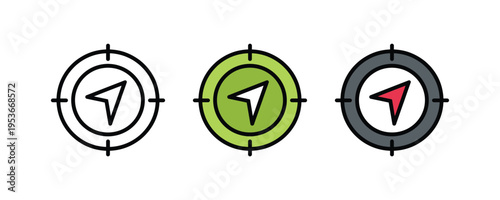 Navigation compass arrow and map location icon set. Digital GPS tracking, travel direction, and destination target symbols. Vector Illustration.